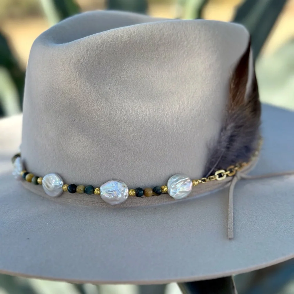 Freshwater Pearl and Tigers Eye Hat Band - Picture 8 of 10